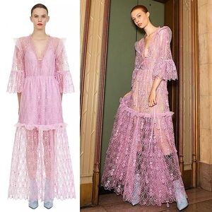 NWT SELF PORTRAIT Lilac Crochet Mesh Lace Tiered Ruffle 3/4 Sleeves Maxi Dress 6